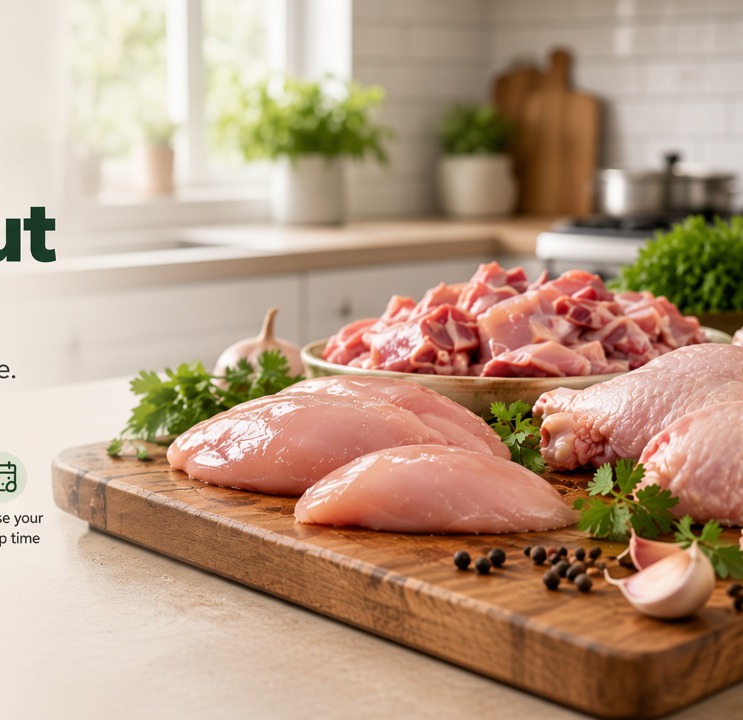 Fresh chicken cuts ready to book — breasts, drumsticks, and diced pieces